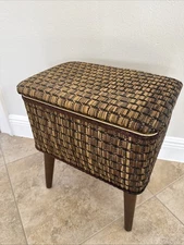 VINTAGE BURLINGTON WOVEN WICKER SEWING BASKET BOX STORAGE STOOL BROWN