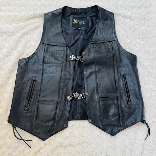 Xelement Black Leather Motorcycle Biker Harley Eagle Chain Snap Lace Up Vest XL - Picture 1 of 14