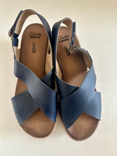 Sandali Clarks donna taglia 8 scarpe sughero zeppa tacco blu pelle punta aperta