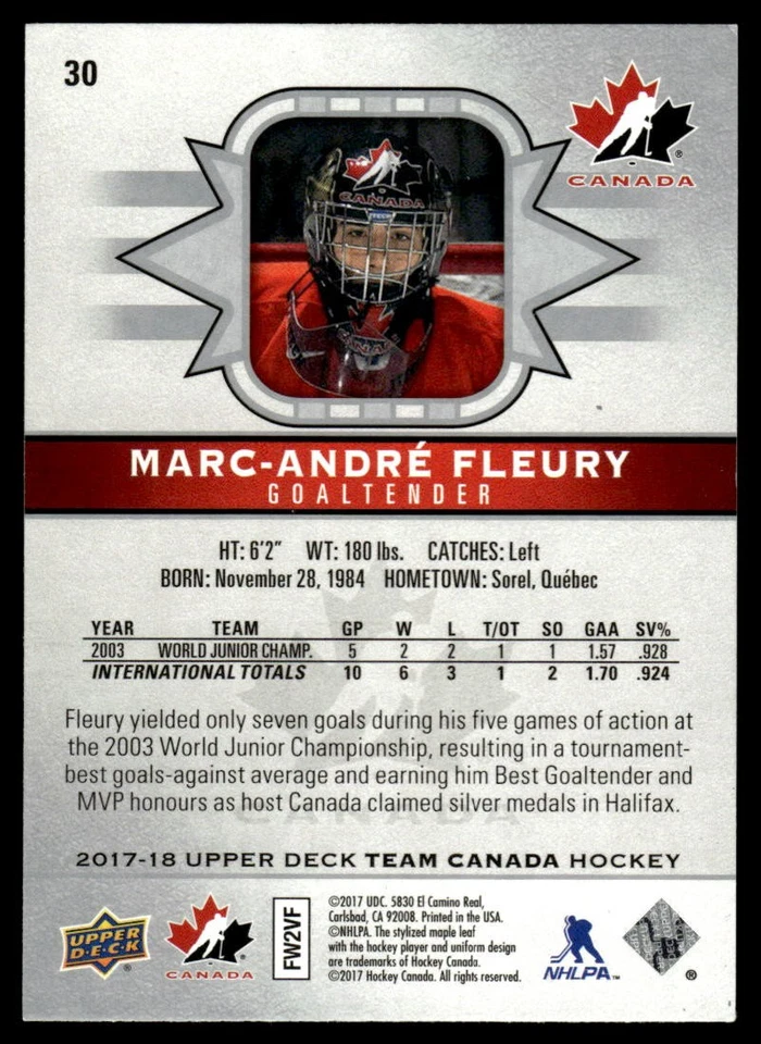 2017-18 Upper Deck Team Canada #30 Marc-Andre Fleury - Image 2 of 2