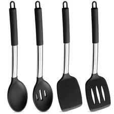4 PCS Black Kitchen Cooking Utensil Set Silicone Solid Spatulas Slotted Spoon
