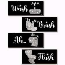 4 Pcs Bathroom Decor Funny And Black Wall Art Wooden 10 X 4 Inch Silver