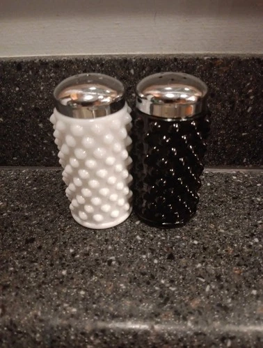Vintage Fenton Black White Hobnail Milk Glass Art Deco Salt & Pepper Shakers 3"
