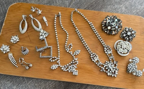Vtg Costume Jewelry 19 Item Lot Silver Tone Rhinestone Necklace Broochs Earrings