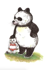 Japanese Postcard: Panda Stands with Cute Kitten in Bathing Suit - Higuchi Yuko
