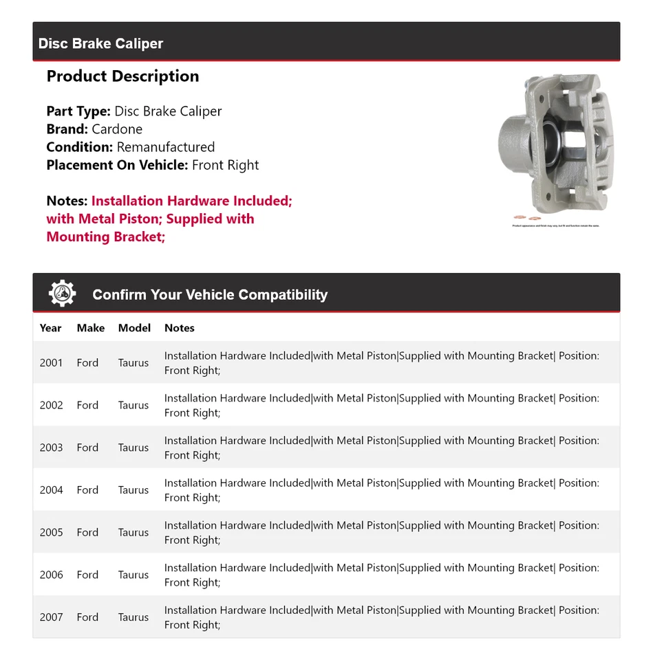 Pinça de freio a disco dianteira direita Cardone 2002 2003 2004 Ford Taurus 2001-2007 - Imagem 2 de 4