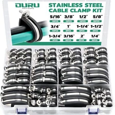 OURU 125PCS Cable Clamp,12 Sizes Stainless Steel Rubber Coated Cushioned