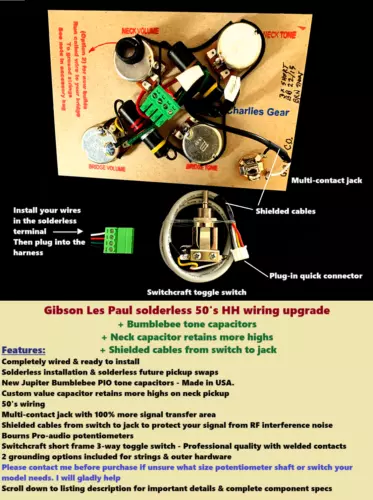 Gibson Les Paul Solderless Wiring upgrade +Bumblebees/Short Shaft/Short 3-way