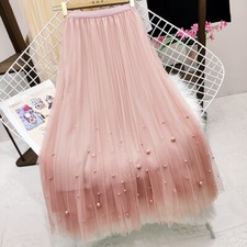 Women Midi Skirt Pleated Dress Elastic A-line High Waist Long Mesh Casual Spring