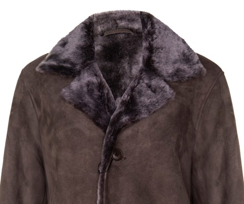 Men's Brown Sheepskin Car Coat New Real Shearling Classic Suede Leather Pea Coat - Picture 4 of 5
