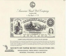 ABNC souvenir card SO 9 SPMC 1979 Providence RI Liberty Bank $2 1850s obsolete