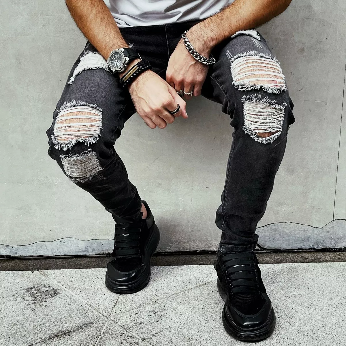 angre Aktuator Metal linje Men&#039;s Black Skinny Frayed Biker Jeans Pants Ripped Stretch Casual Denim  Trousers | eBay