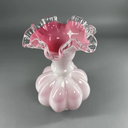 Vintage Fenton Pink Melon Vase White Cased Silver Crest Ruffled Edge 6" Tall MCM