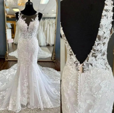 Bohemian Lace Mermaid Wedding Dress with Sheer Neck and Open Back Bridal Gowns