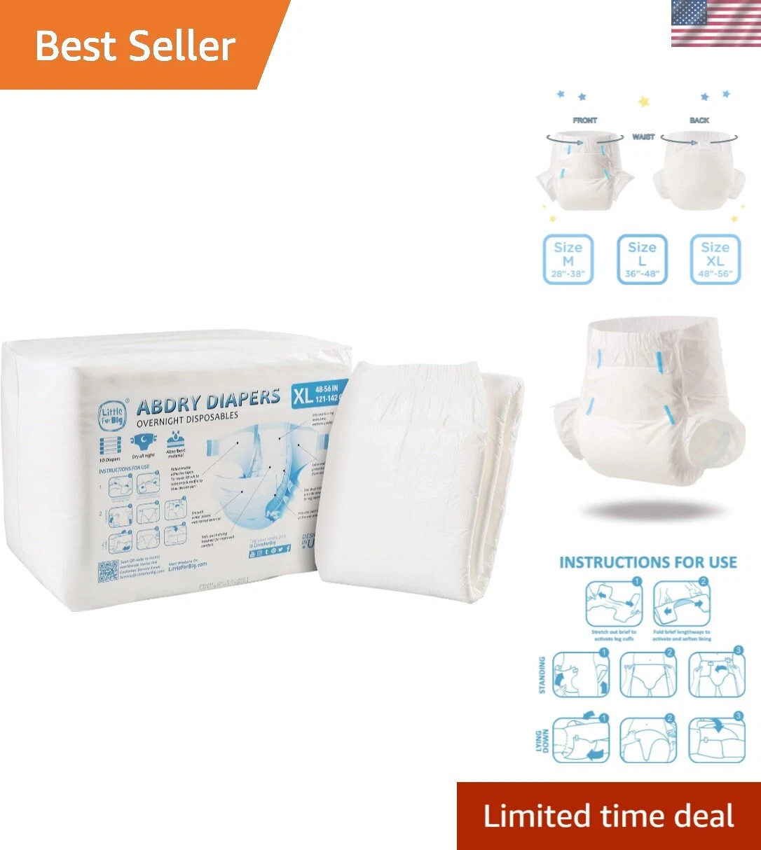 X-Large ABDry Adult Diapers - 10 Pack for Ultimate Incontinence Protection
