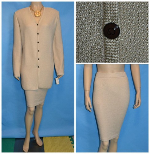 St. John, St. John Collection Knits Beige New Jacket & Skirt XL 14 12 2pc Suit Metallic