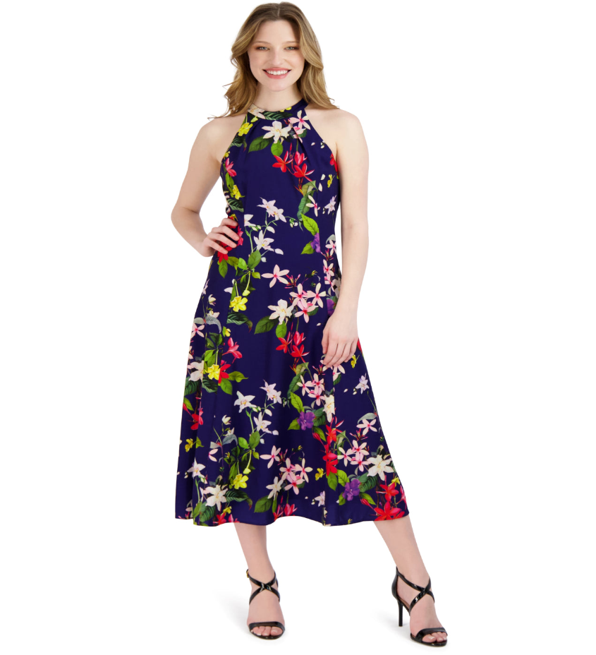 donna ricco fit and flare dress Donna Ricco Crew Neck Short Sleeve Crochet Trim Flare Dress main image 1