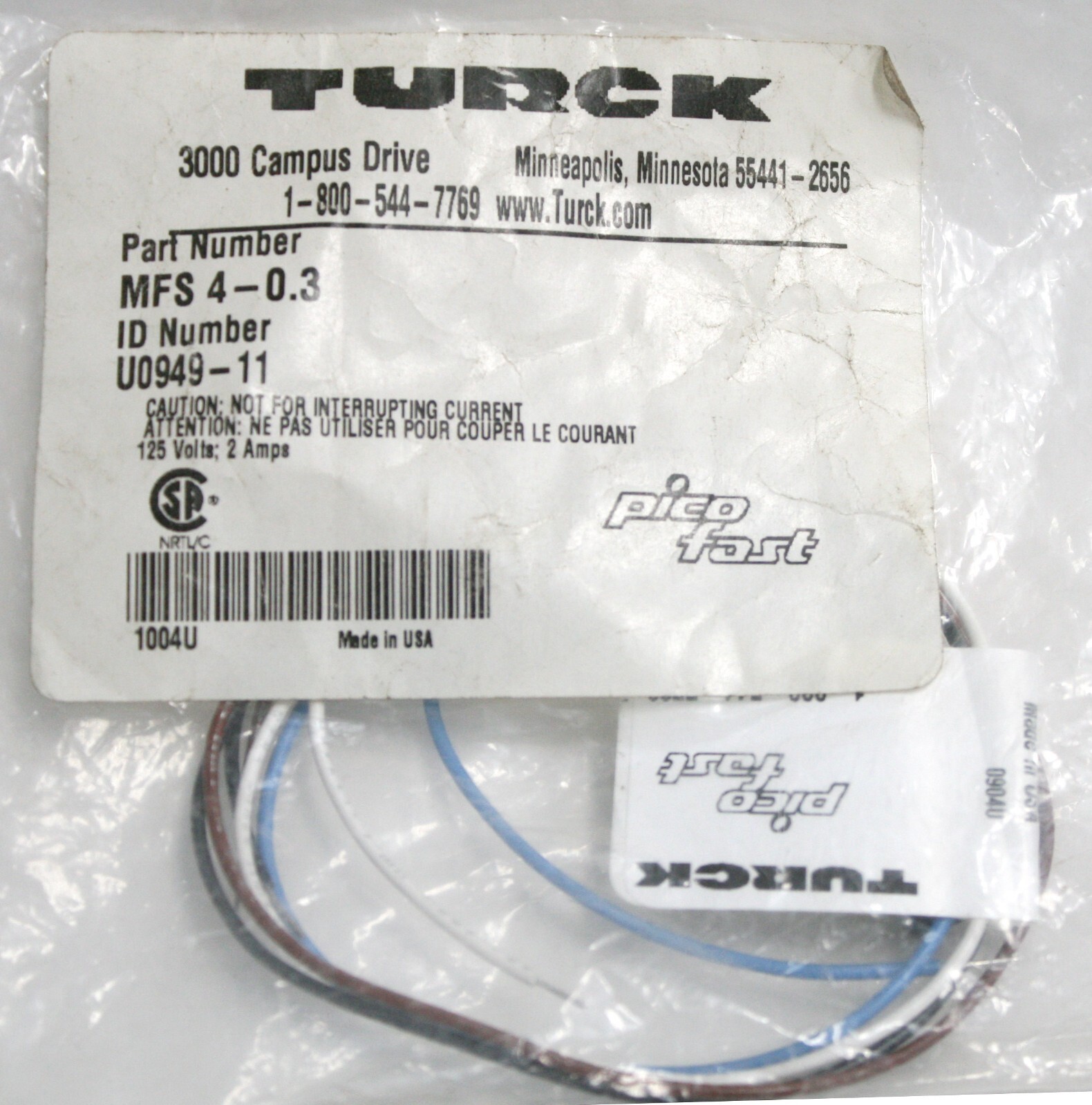 New TURCK MFS 4-0.3 Part No. MFS 4-0.3 ID No. U0949-11 125 Volts 2 Amps