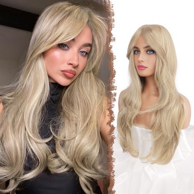 FESHFEN-Perücke, lang, schmutziges Blond, 65 cm, mit Pony, gestuft, au