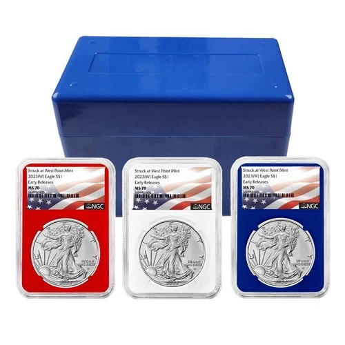 2023 (W) $1 American Silver Eagle 3pc Set NGC MS70 ER Flag Label Red White Blue