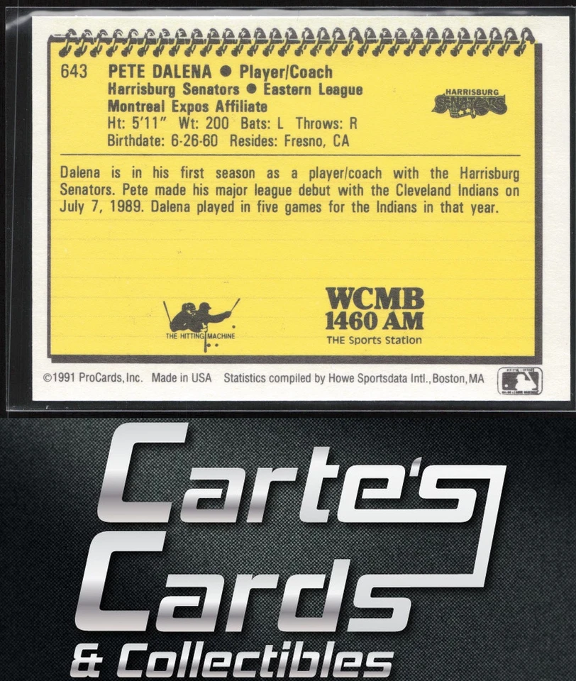 Pete Dalena 1991 ProCards #643 Harrisburg Senators Player/Coach - Image 2 of 2