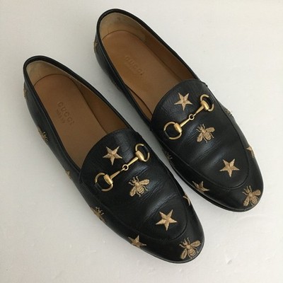 Gucci Jordaan Embroidered Bees Stars Horsebit Leather Loafers Black Size 