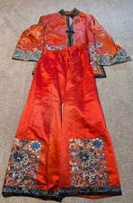 Antique Chinese Robe  Pants Womens Silk Floral Embroidered Qing Dynasty Coat