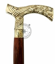 36'' Antique Vintage Solid Brass Derby Head Handle Wooden Walking Stick Cane