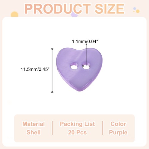 20Pcs 2 Hole 11.5mm Heart Shape Natural Shell Button for Shirt Coats, Purple - Picture 2 of 6