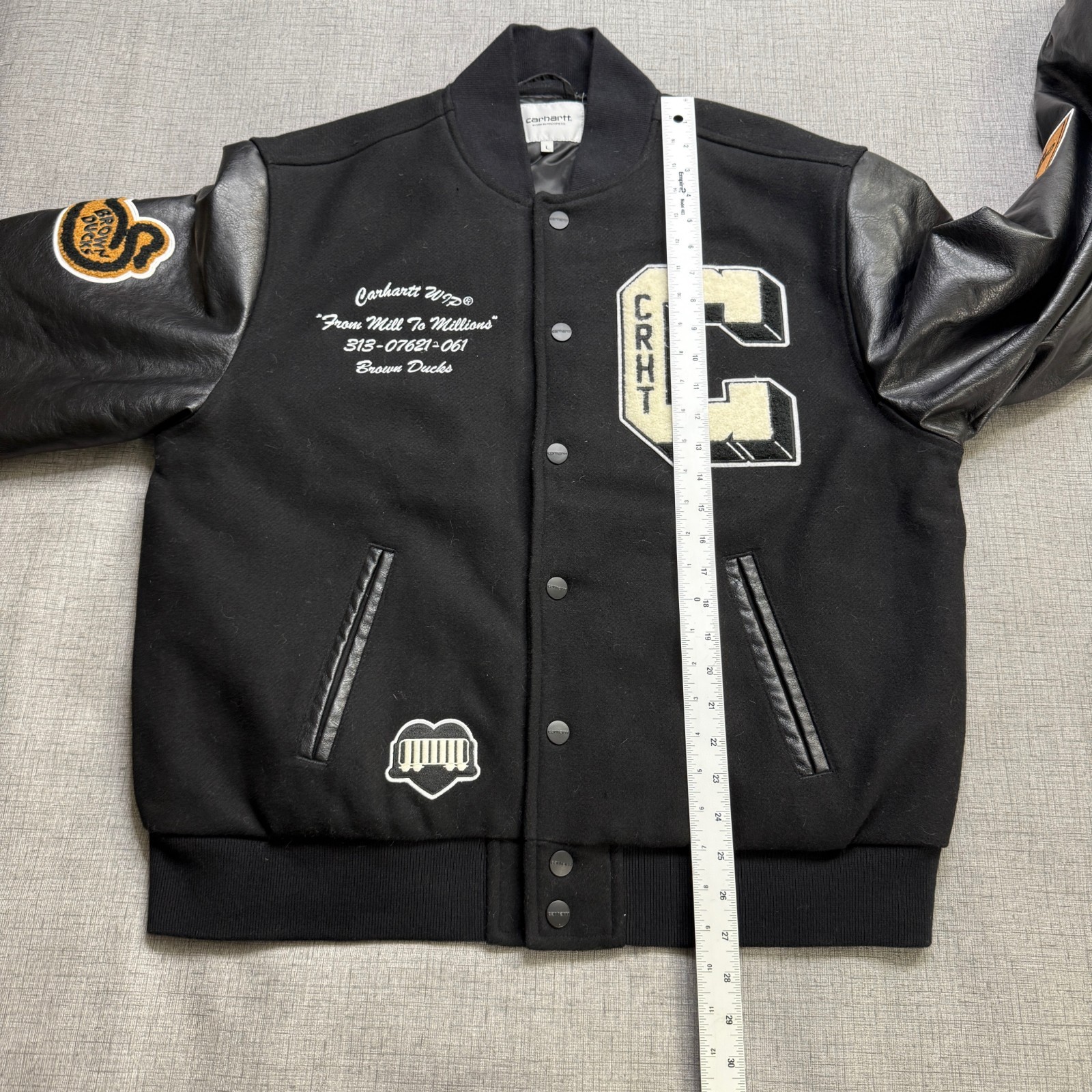 Carhartt WIP Brown Ducks Bomber Jacket Men's L Black Varsity Faux Leather thumbnail 13