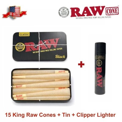 RAW Black King Size Pre-Rolled Cones 15 Counts   RAW Storage Tin   Lighter