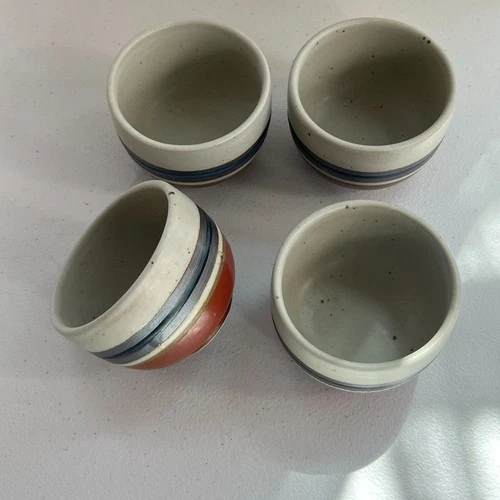 Unbranded Speckled Stoneware Ceramic Tea Cups Japan Set of 4 Blue Stripe 3"