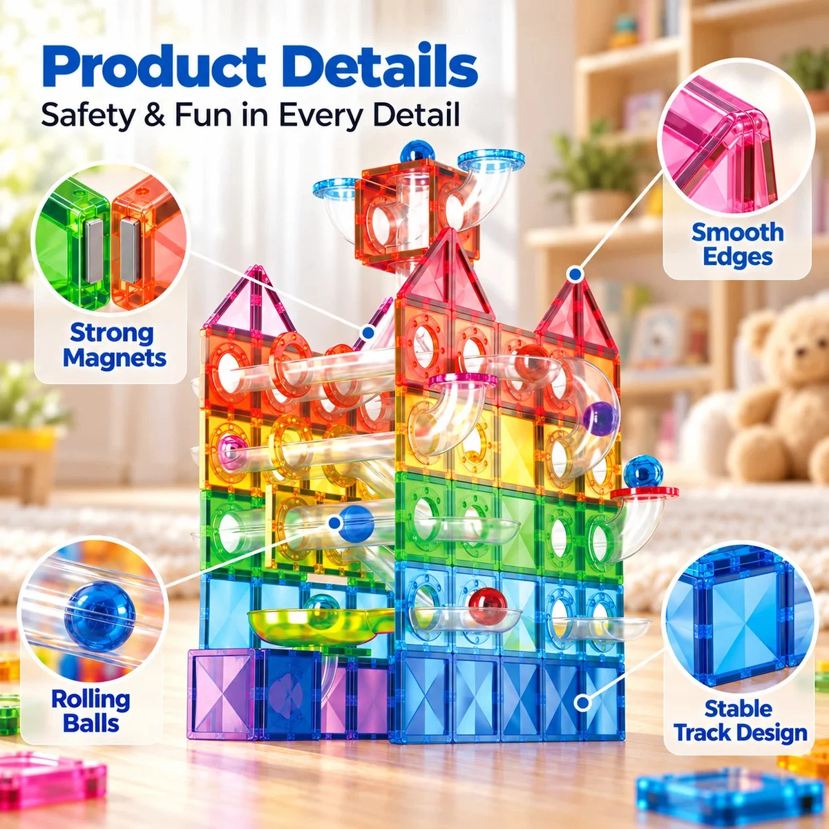 155PCS Magnetic Tiles Marble Run Construction Set Clear Tubes STEM Building Toy