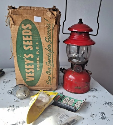 #ad Vintage Red Coleman Lantern Model 200 February 1964 With Accessories $85.00
