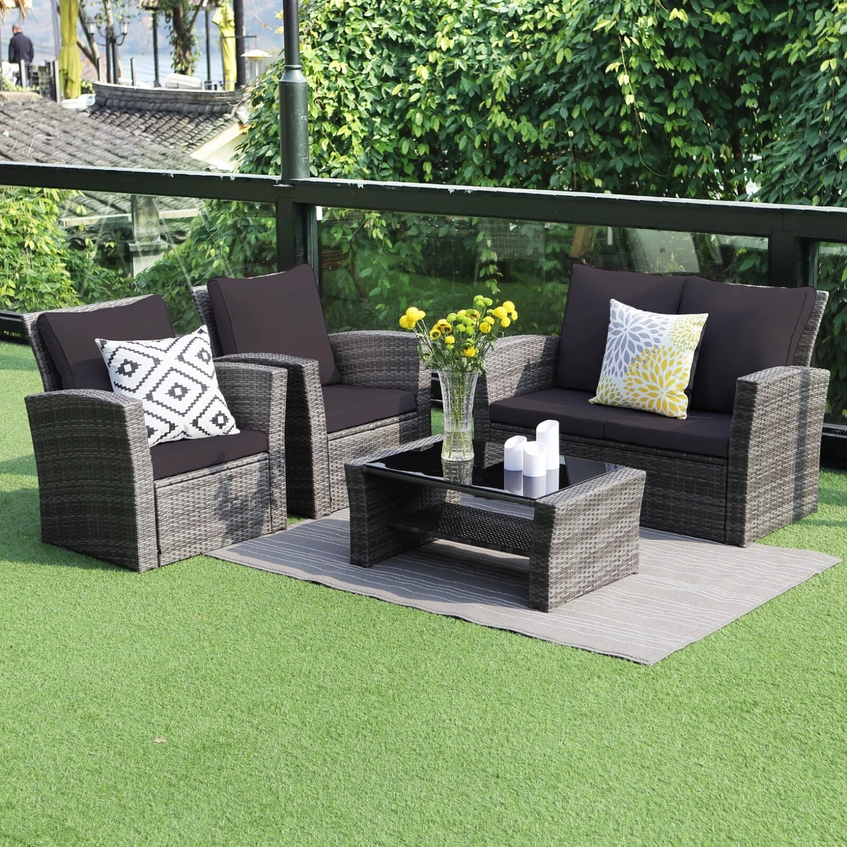 New Rattan Garden Furniture 4 Piece Set. Sofa Chairs Table Cushions. 24hr del