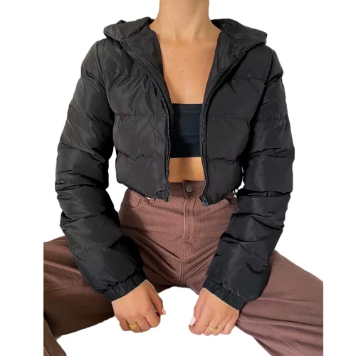 Damen Cropped Mäntel gesteppte gefütterte Jacke Oberbekleidung Reißverschluss Kapuze wattiert warm - Bild 6 von 27