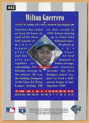 WILTON GUERRERO DODGERS ROOKIE #443 - UPPER DECK COLLECTOR'S CHOICE NM-MT 1996 - Picture 2 of 2