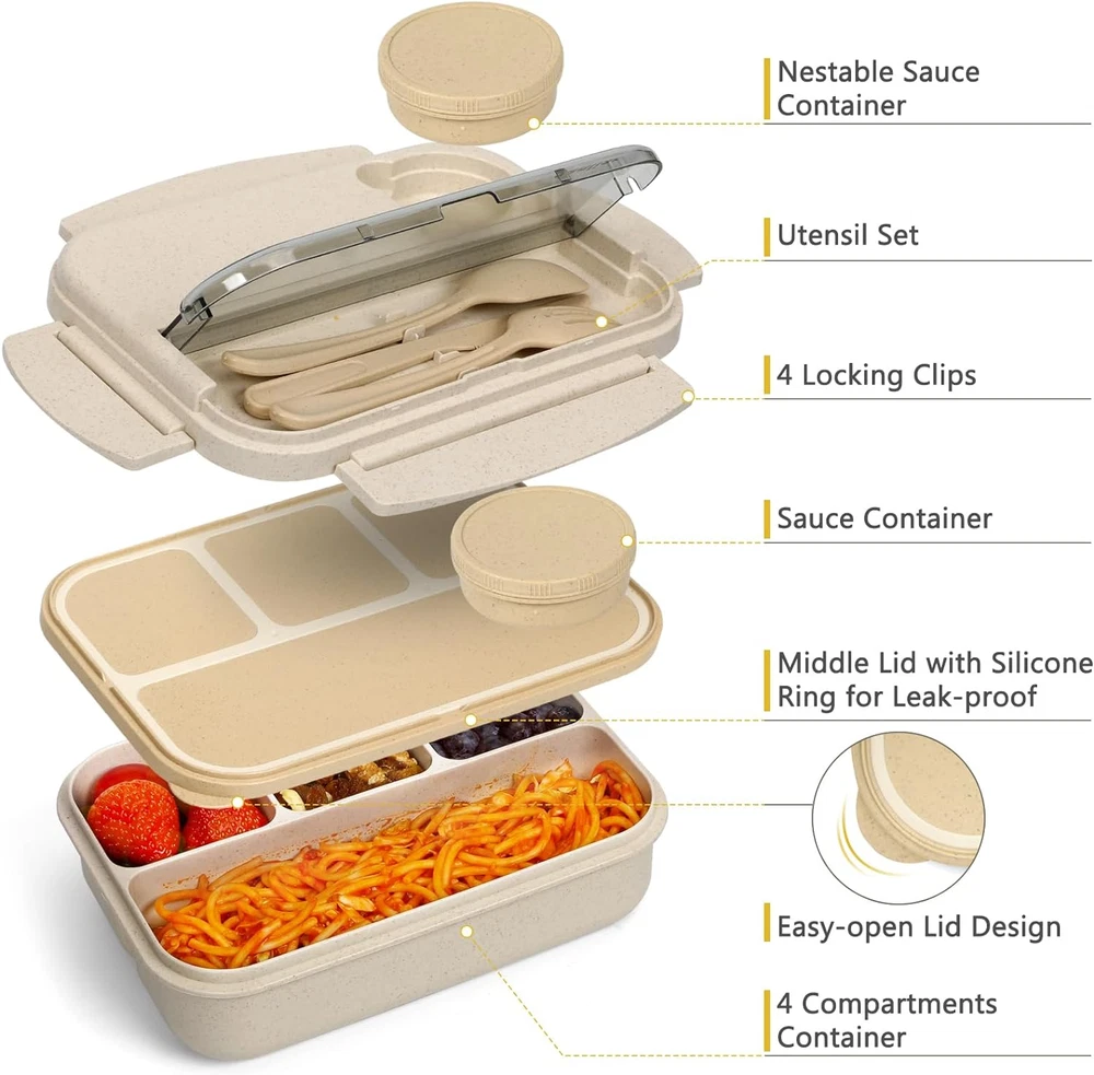 Bento Lunch Box for Kids, Wheat Straw 5.5 Cups Leakproof Adult Bento Box with 2