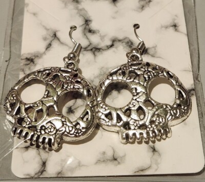 Skull Earrings Sugar Skull Halloween Gothcore Silver FREE SHIPPING