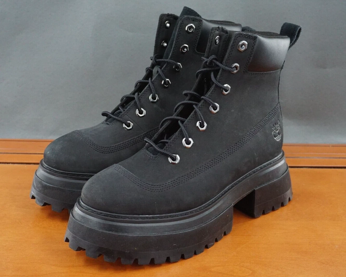 Scarpe Timberland Sky 6 donna misura 9 stivaletti neri in pelle stringati plateau