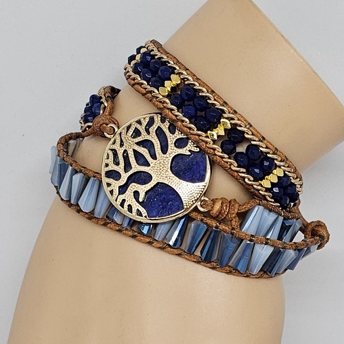 Blue Bracelet Tree of Life Lapis Lazuli Crystal Glass Beaded Beige Leather Wrap - Picture 3 of 18