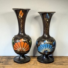 Vintage - Set of 2 Wood Handpainted 9" & 8½" Vases, Asian Theme Art Deco Floral