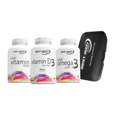 Vitamin D3 + Vitamin K2 + Vital Omega 3 + Multi Vitamin Kapseln + Tablettenbox