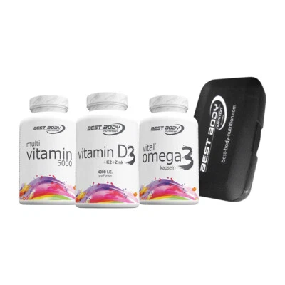 BEST BODY NUTRITION Vitamin D3 + Vitamin K2 + Vital Omega 3 + Multi Vitamin Kapseln + Tablettenbox