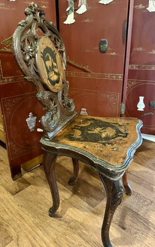 Antiq Vtg Musical German Renaiss Revival Blk Forest Marquetry Scene Chair C 1880 - Picture 13 of 19