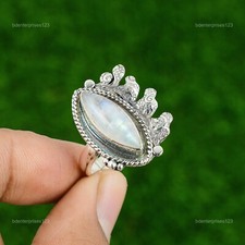Gift For Her Natural Rainbow Moonstone Stackable Adjustable Ring 925 Silver