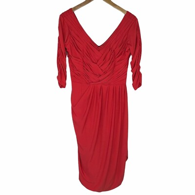 J Peterman Red Cocktail Dress Bombshell Retro Pleated Ruched VNeck Size6