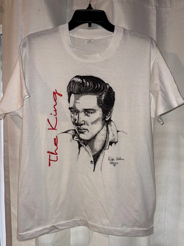 Camiseta esboço Elvis The King 1990 vintage tela L estrelas Ralph Geddings ponto único - Imagem 2 de 4