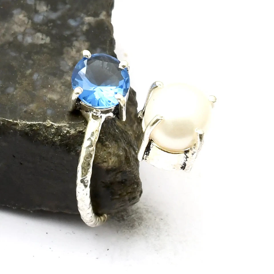 Perle Blautopas Edelstein ethnische Handarbeit Ring Schmuck US-Größe - 7,75 AR 33457