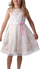 NWT Jona Michelle Girls Ivory Formal Party Dress Sheer Floral Overlay Bow Sz 7